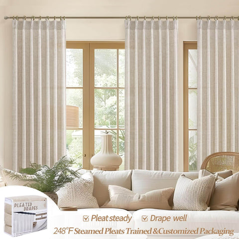 Natural Linen Blend Heavy Fall Curtains 86 Inches Long For Bedroom And Living Room, Pinch Pleated Custom Track System installed in living room