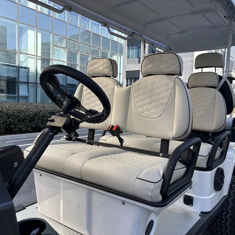 Interior view of Smooth 48V Lithium Golf Cart Sightseeing Patrol Rig with premium headrest seats and steering wheel.