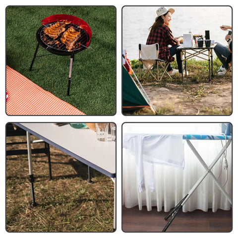 Four Pack Heavy Duty Steel Table Leg Extenders With Quick Adjust Risers For Folding Tables in use enhancing table height.