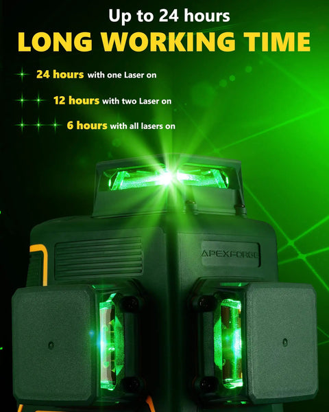 Three-Plane 3D Laser Level Kit With 3x360 Self-Leveling Green Cross Lines demonstrating 24-hour working time.