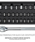 122 Piece Auto Tool Kit Set With Ratchet And Socket Wrenches In Blue Blow Molded Case For DIY Home Repairs socket set close-up