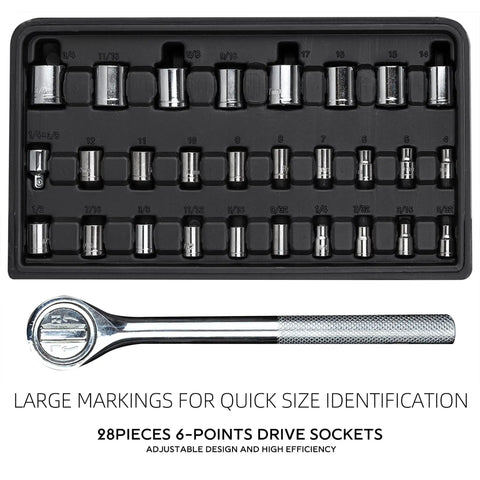 122 Piece Auto Tool Kit Set With Ratchet And Socket Wrenches In Blue Blow Molded Case For DIY Home Repairs socket set close-up