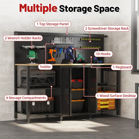 60 Inch Heavy Duty Garage Workbench With Pro Grade Tool Organizer System, 2000 Lbs Capacity, Top Storage Panel shown.