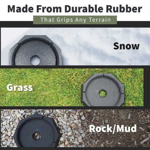 Four Pack RV Leveling Pads For Four Point Systems With Nine Inch Round Jack Feet Adds Sixty One Percent More Surface Area for Stability in snow, grass, and rock/mud terrains.