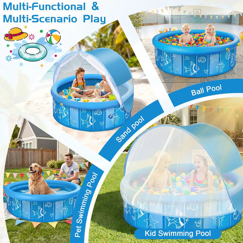 Kids playing in a Foldable 47 Inch Kiddie Pool With Sprinkler Canopy, Portable Pop Up Mosquito Net Beach Tent, and sun shade.
