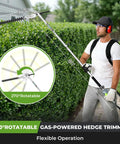 Person using 6 In 1 Backpack Gas Powered Weed Eater Kit With 52cc 2 Stroke Engine Includes String Trimmer Hedge Trimmer Pole Saw Brush Cutter Blade And Safety Lock Shoulder Strap For Lawn Trimming on hedge