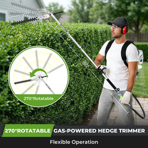 Person using 6 In 1 Backpack Gas Powered Weed Eater Kit With 52cc 2 Stroke Engine Includes String Trimmer Hedge Trimmer Pole Saw Brush Cutter Blade And Safety Lock Shoulder Strap For Lawn Trimming on hedge