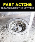 Drain cleaner banner ad above a stainless steel sink drain with running water.