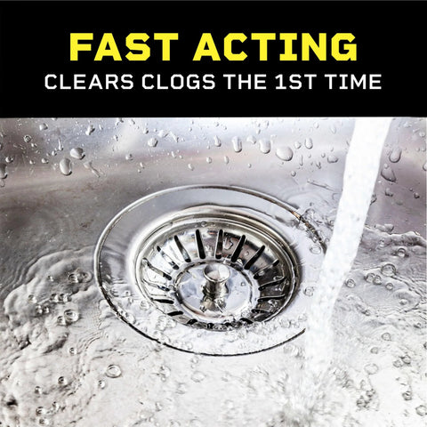 Drain cleaner banner ad above a stainless steel sink drain with running water.