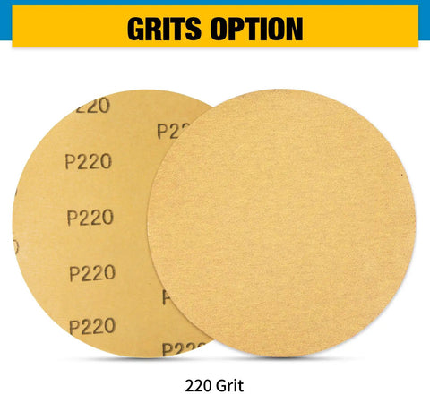 6 Inch Adhesive Backed Sanding Discs 100 Pack 220 Grit PSA Aluminum Oxide For Drill Or Sander shown with grit label