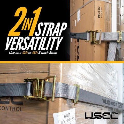 Beefy Heavy Duty E Track Straps 2 Inch By 16 Foot 4 Pack With 3 Spring E Fittings 4400 Pound Break Strength Gray Polyester Tie Downs securing boxes