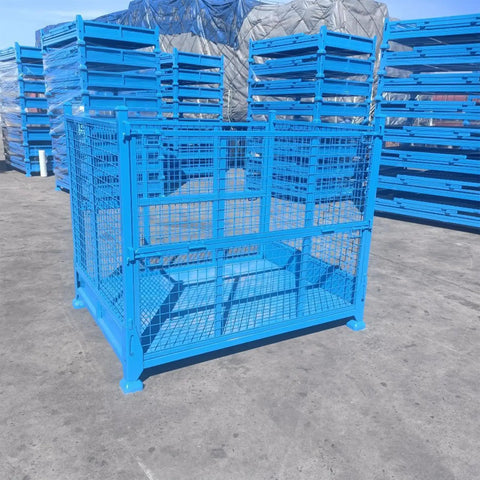 Heavy Duty Cold Rolled Steel Foldable Storage Cage Built Like A Tank Collapsible Industrial Bin for Warehouse Logistics, blue.