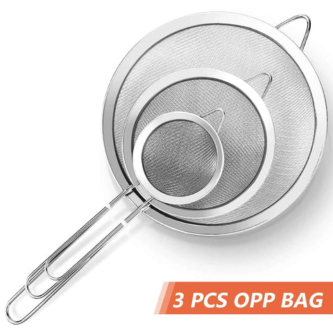 Top view of Three Piece Fine Mesh Strainer Set With Handles For Sifting Wet Or Dry Ingredients In The Kitchen, stainless steel