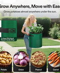 Five Pack 7 Gallon Fabric Potato Grow Bags With Handles And Roll Up Windows For Easy Harvests Breathable Nonwoven Grow Pots For Potatoes Durable Green Planting Bags used by a woman in a garden