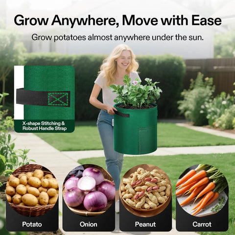 Five Pack 7 Gallon Fabric Potato Grow Bags With Handles And Roll Up Windows For Easy Harvests Breathable Nonwoven Grow Pots For Potatoes Durable Green Planting Bags used by a woman in a garden