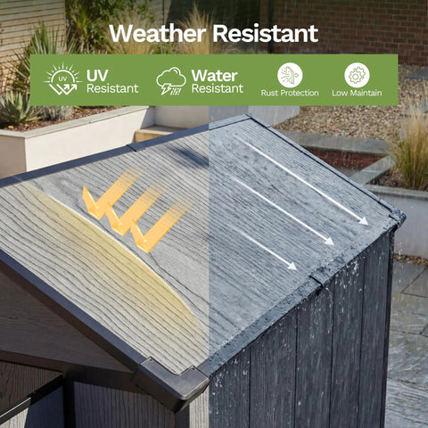 4x6 Ft Resin Outdoor Storage Shed With Floor And Lockable Door, Sloped Roof And Vent, showing weather resistance in Deep Grey