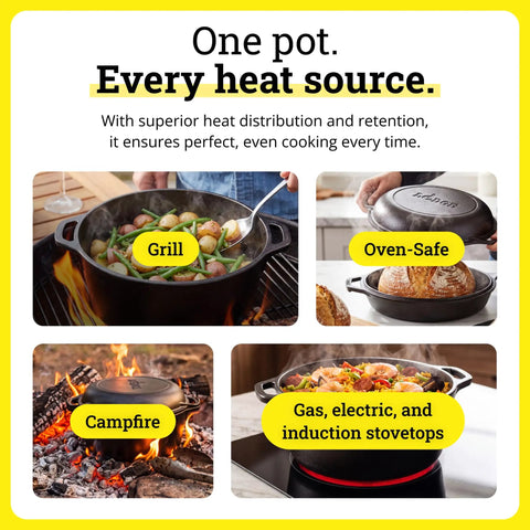Versatile Five Quart Cast Iron Double Dutch Oven And Skillet Pot used on grill, oven, campfire, and stovetops.
