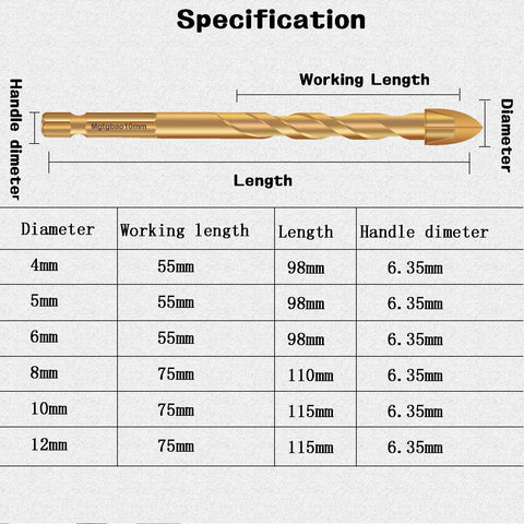 Specification chart of "10 Piece 5Mm Masonry Drill Bit Set For Concrete Tile Brick Plastic And Wood With Tungsten Carbide Tips" with dimensions