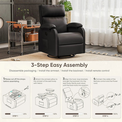 Comfy 360 Swivel Recliner Chair With Rocker For Adults, adjustable backrest, footrest, PU leather, side pocket in living room