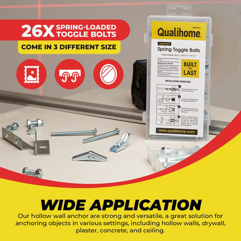 Heavy Duty Toggle Bolt Anchor Kit For Drywall Includes 1/8 X 2 In, 3/16 X 3 In, And 1/4 X 3 In Toggle Bolts with packaged anchors