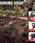 Powerful 20V Cordless Tiller Cultivator with ergonomic design and no cord hassle, two 2Ah batteries, tilling garden soil, ergonomic features shown