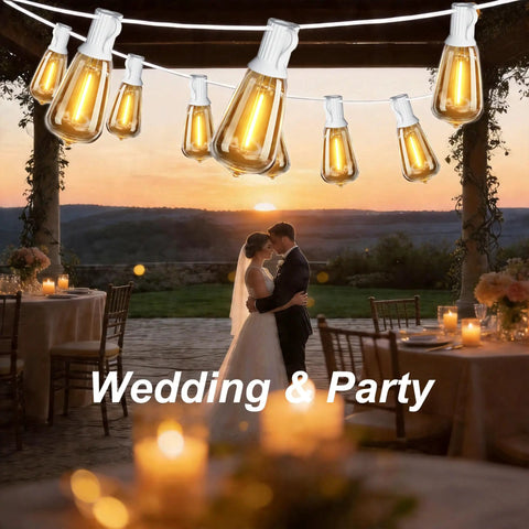 Warm 2200K Outdoor LED String Lights 100Ft With 52 Shatterproof Edison Bulbs over wedding couple in twilight garden setting.