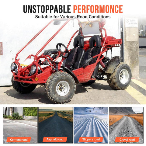 Red go-kart with Size 145 70 6 Mini Bike Tubeless Tires Replacement For ATVs Go Karts Lawn Mowers And Golf Carts Wide Compatibility
