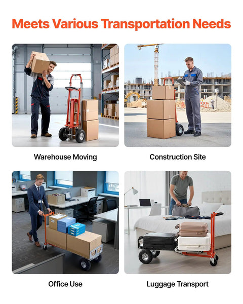 Heavy Duty 4 In 1 Hand Truck Dolly With 1000 Lb Capacity used in warehouse, construction site, office, and home luggage transport settings