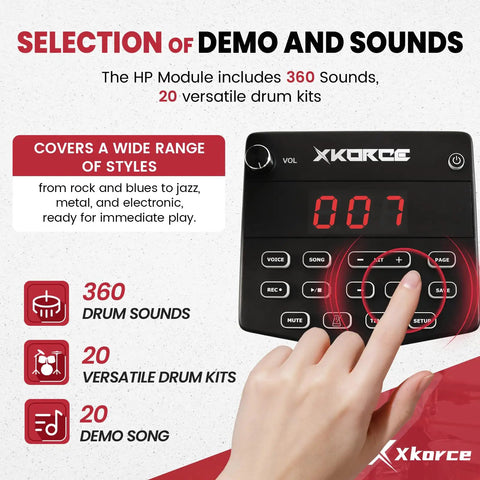 Finger pressing button on Dope 8 Piece Electronic Drum Kit With Quiet Mesh Pads And Kick, Dual Bluetooth, 360 Sounds display