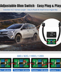VCM Muzzler Harness With Adjustable Dial Resistance shown with adjustable ohm options and vehicle illustration in background.
