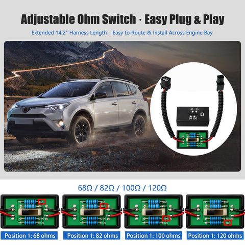 VCM Muzzler Harness With Adjustable Dial Resistance shown with adjustable ohm options and vehicle illustration in background.