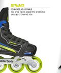 Dynamo Kids Adjustable Inline Skates For Hockey Fans With Four Size Growth Fit And Flip Toe Cap Black And Lime detail view.