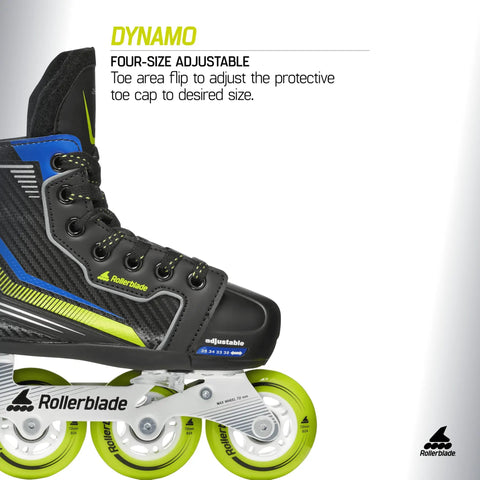 Dynamo Kids Adjustable Inline Skates For Hockey Fans With Four Size Growth Fit And Flip Toe Cap Black And Lime detail view.