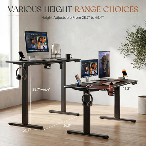 Two Electric Standing Desks 45 X 24 Inches Height Adjustable Sit Stand Desk With Memory Preset Option and cable management displayed