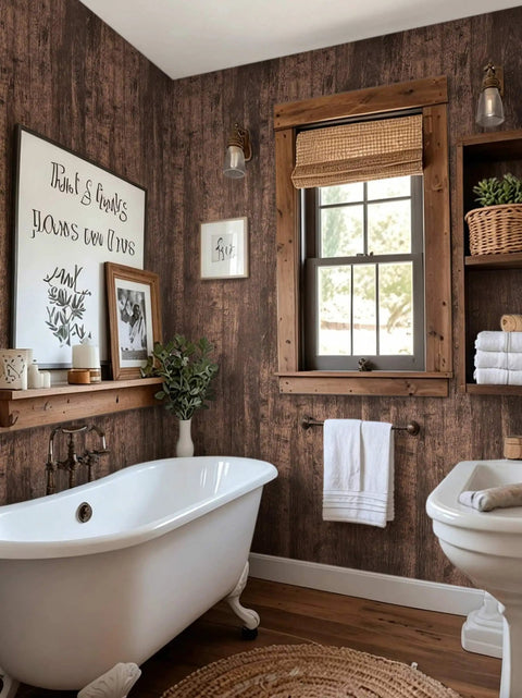 Bathroom with dark walnut wood peel and stick wallpaper roll for walls and surfaces rustic vinyl plank with real wood texture.