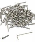 Top Tier Stainless Steel 304 Hex Socket Button Head Cap Screws 100 Piece Set M3 X 30mm with hex key and screws laid out.