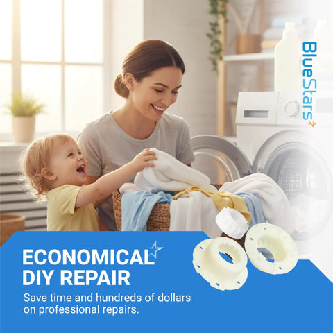 Woman holding laundry basket near washer, highlighting Upgraded Washer Hub Kit W10820039 For Cabrio Bravo Oasis Whirlpool and Kenmore Washers.