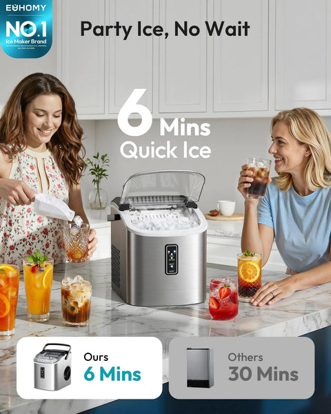 Front view of EUHOMY stainless steel countertop ice maker with transparent lid and digital control panel.
