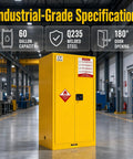 Rock Solid Shop Ready 60 Gallon Steel Flammable Liquid Safety Cabinet With Spill Sump adjustable shelves and grounding wire in a warehouse setting.