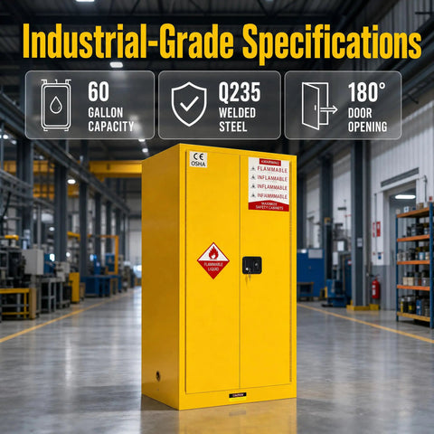 Rock Solid Shop Ready 60 Gallon Steel Flammable Liquid Safety Cabinet With Spill Sump adjustable shelves and grounding wire in a warehouse setting.