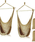 Two Piece Hanging Hammock Chair Set Boho Swing For Indoor Outdoor Chill Vibe Ultra Soft Cotton Rope Weaving Includes 40 Inch Detachable Metal Bars Solid 270lb Capacity Brown
