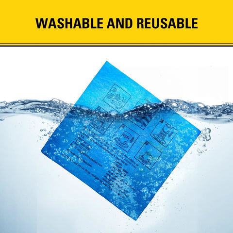 Reusable Blue Cloth Filter With Clamp Ring 19-1500 For 5-6 Gallon Wet Dry Vacs submerged in water showing washability.