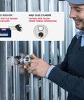 Man locking storage unit using Beefy Heavy Duty Diskus Storage Padlock 70mm Wide For Outdoor And Commercial Use Keyed Alike