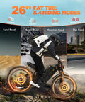 Dual Motor Electric Bike With 5600W Output And 50 MPH Speed Gives Adults A Badass Ride Featuring 60V 80Ah Batteries Spanning 250 Miles Without Breaking A Sweat On 26 Inch Fat Tires And Full Suspension Ready To Crush Trails Or Haul Cargo riding on sand, snow, mountain, and flat roads, highlighting 26" fat tire and dual drive modes.