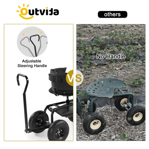 Rolling Garden Stool With Seat And Extendable Handle Tool Cart With Wheels And Extra Storage Knee Friendly Seat side view