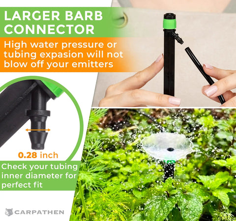Close-up of 12 Pack Drip Irrigation Emitters For One Quarter Inch Tubing 360 Degree Adjustable Flow with barbed coupling.