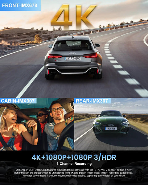 4K Triple Dash Cam System With Dual 1080P Cameras, Front 4K Dope Night Vision visuals showing a car on a highway and cabin view