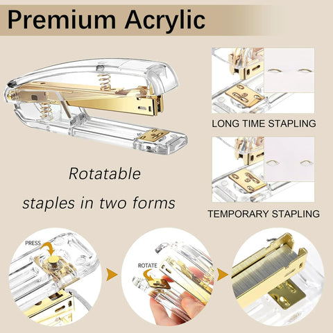 11 Piece Gold Desk Accessories Set For Office And Home, Sleek Acrylic Organizer Kit with stapler showing stapling modes