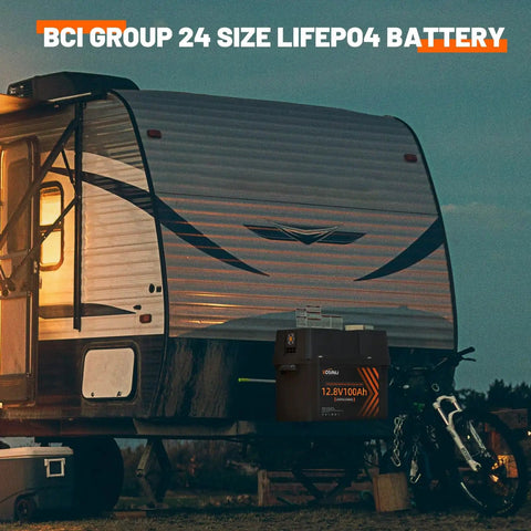 12V 100Ah LiFePO4 Deep Cycle Battery with Built In 100A BMS in front of a camper, ideal for RVs, marine power, and off-grid use