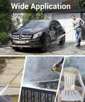 Electric Pressure Washer Beast 2150 PSI Two Point Six GPM with hose reel and soap tank cleaning various surfaces and a car